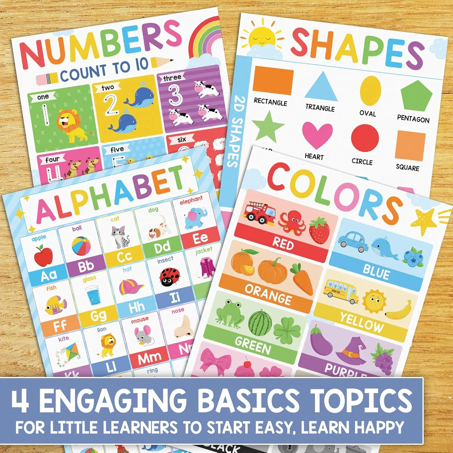 ABC Alphabet Poster 16x24 Modern Boho Educational Posters for Toddlers 1-3 Pack of 4 Color Shape Number Chart for Classroom Decor Learning Posters for Preschoolers Homeschool Supplies Double Laminated with International Warranty