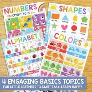 ABC Alphabet Poster 16x24 Modern Boho Educational Posters for Toddlers 1-3 Pack of 4 Color Shape Number Chart for Classroom Decor Learning Posters for Preschoolers Homeschool Supplies Double Laminated with International Warranty