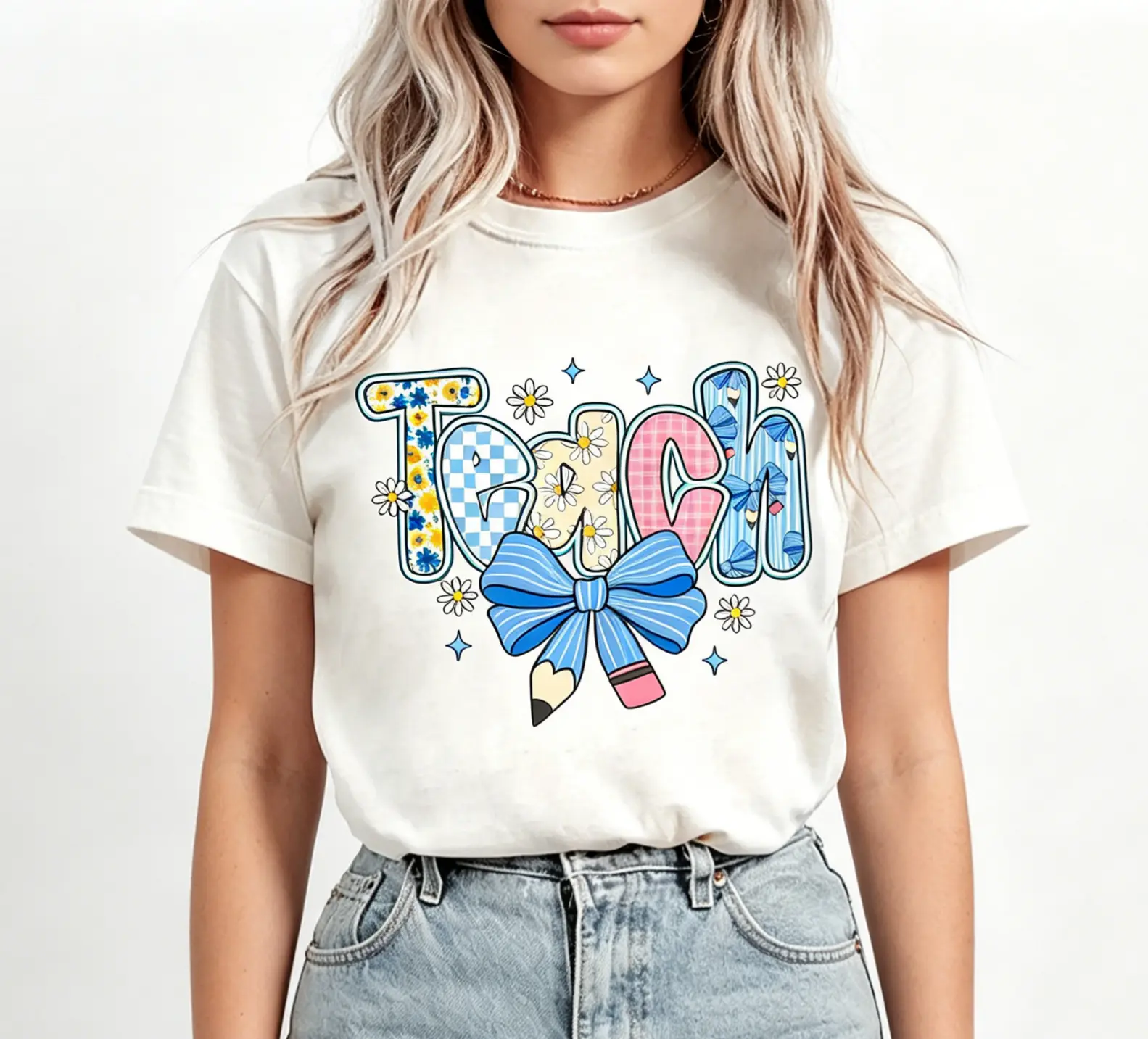 Preppy Teacher Floral Coquette Shirts, Teach Blue Floral Tee, Preppy Teacher Tops, Pencil Bow Teacher Checkered T-Shirts