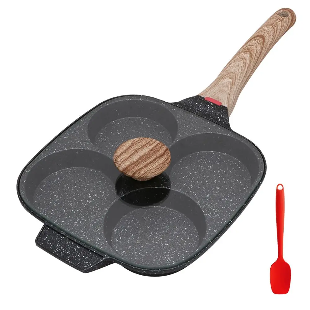 WENZHUO 4-Cup Multi-Sectioned Ceramic Nonstick Egg Frying Pan - Silicone-Enhanced Aluminum Alloy Body, Glass Lid, Induction Compatible, Black, Insulated, for Fried Egg, Frying, Cooking Pancakes, Morning Meals, Insulation