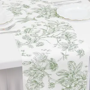 Polyester Table Runner 12"x108" White with Dusty Sage Green French Toile Floral Print Reusable Table Décor