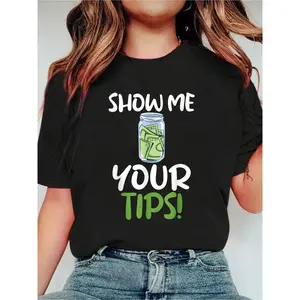 Show Me Your Tips Waitress Funny Waiter T-Shirt Print Crew Neck Casual T-Shirt Short Sleeve Sports Top. Smart CasualStreet Style Women's Clothing graphic tees women crop tops summer outfits for women summer tops T-Shirt
