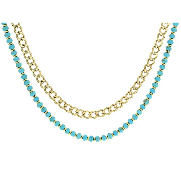 JTV Multi-Strand Chain Necklaces - Turquoise Simulant Bead, Stainless Steel Gold-Colored Round Bead, Gold Tone Curb Chain, Modern Versatile Accessories, Versatile Jewelry for Casual-Formal Wear - Durable, Sleek Design, Gold-Colored Round Bead Necklaces