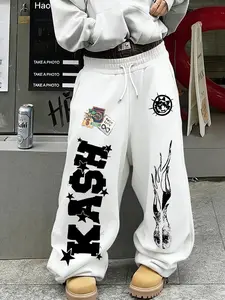 Men's American Street Style Casual Streetwear Kash Print Wide Leg Pants, Casual Fit Bottoms, Elastic Drawstring Waist, Comfortable Loose Fit, All Seasons Fashion
