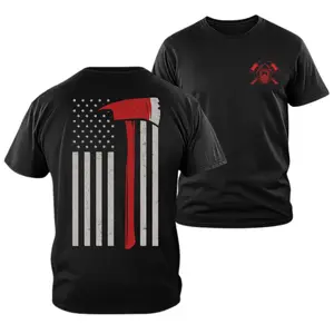 Fire Axe Shirt, Firefighter American Flag T Shirt, Thin Red Line Firefighter Tee, Red Axe Flag Graphic Tee, Firefighter Tools Back Print Shirt, Front Chest Firefighter Helmet Axes Logo, Soft Cotton Blend Unisex Shirt, Gift for Firefighters