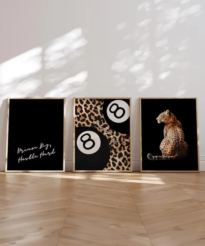Black Leopard Wall Art Prints Set of 3 Leopard Cheetah Print 8 Ball Lucky Trendy Animal Print Poster Trendy Y2K Home Decor Digital Download