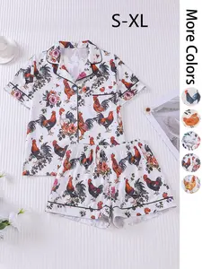 Women's All Over Chicken Print Crop Top & Elastic Waist Shorts Pyjama Two-piece Set, Casual Comfy Short Sleeve Top & Shorts PJ Set, Ladies Summer Sleepwear, Loungewear, Pajama Shorts Set