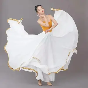 Women's Flamenco Dance Skirt 720 Degree Chiffon Solid Color Long Belly Swing Skirt Practice Gypsy Long Skirt Dance Performance