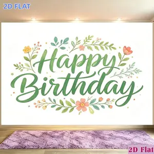 2D Flat Banner 1pc, Party Banners Banner, Polyester Backdrop Green Floral Leaf Watercolor Happy Birthday Elegant Handwritten, for Party Decor Room, Home, Club, Garden, Farm, No Electricity, Easy to Hang Gift fo