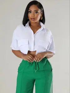 Women's Plain Button Front Flap Pocket Crop Shirt Blouse, Casual Drop Shoulder Half Sleeve Top for Spring & Fall, Women's Clothes for Daily Wear