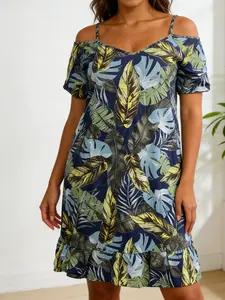 Plus Size Short Sleeve Dress, Tropical Print off Shoulder Ruffle Hem, Casual Loose Fit, Trendy Design for Birthday and Leisure Activities