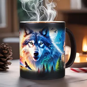 1 variable wolf head ceramic coffee cup, breakfast cup, milk cup, wolf head ceramic coffee cup, a beautiful cup creative gift for animal-loving relatives and friends 11oz, birthday gift, Christmas gift