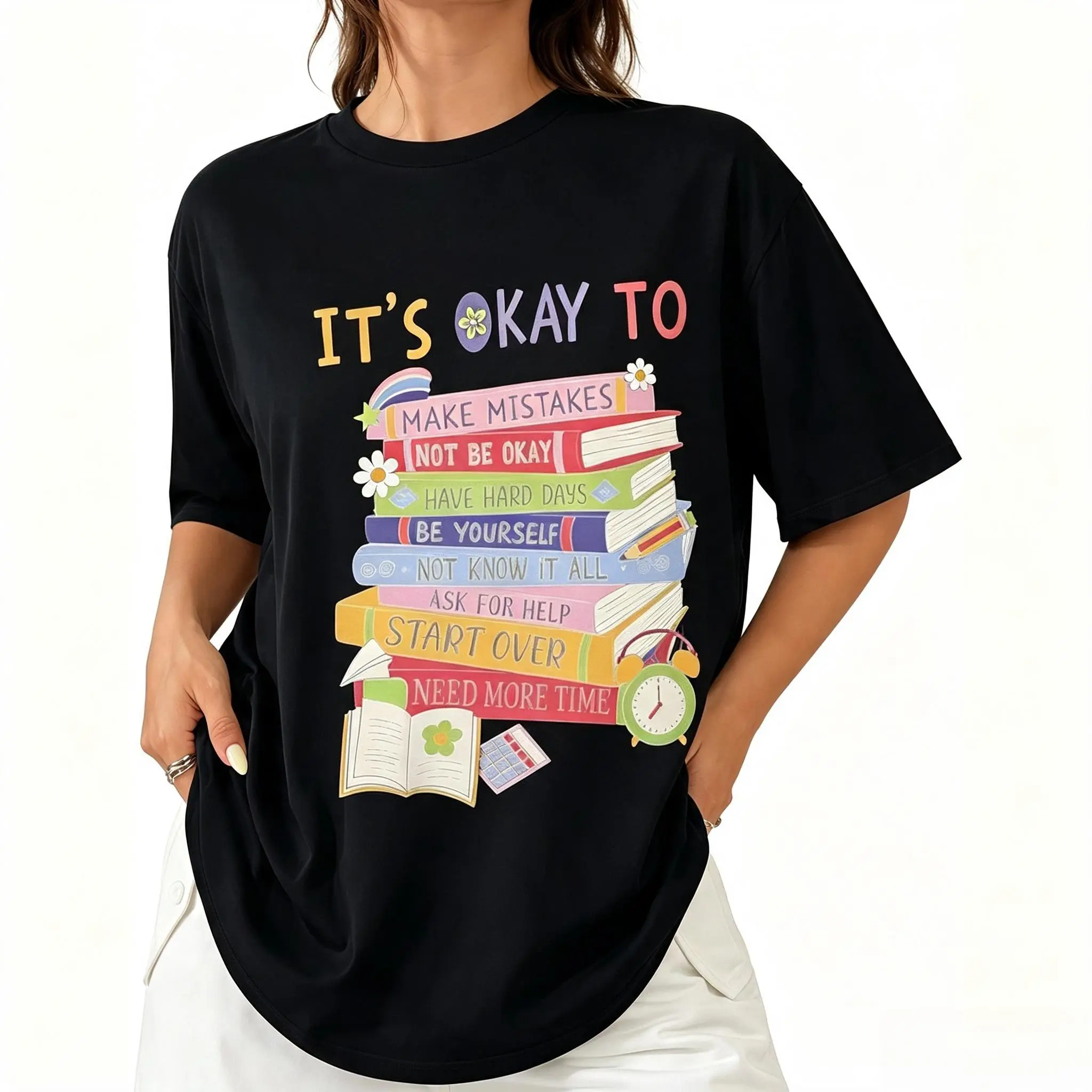Inspirational Book Stack Shirt Women Mental Health Graphic Tee