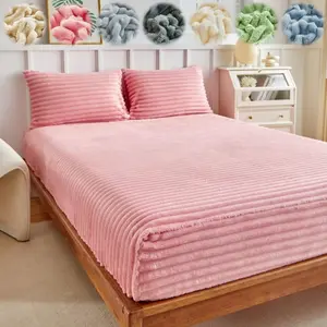Luxury faux rabbit fur striped bedding set, soft and warm fitted sheet with 1/2 pillowcases, solid color three-piece sheet set, suitable for all seasons, perfect for bedrooms, dorms, sofas, and guest rooms, the ideal gift for the holidays