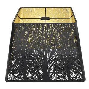 Modern Square Metal Lamp Shade with Woodland Texture Black Matte Exterior Warm Gold Interior 9"x12" Versatile for Industrial Minimalist Decor