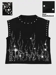 Men's Summer Rivet Decorated Rhinestone Flame Vest, Sleeveless Streetwear Street Style Tank Top, Shining Crystal Hip Hop Classic Casual Fashion Shirt