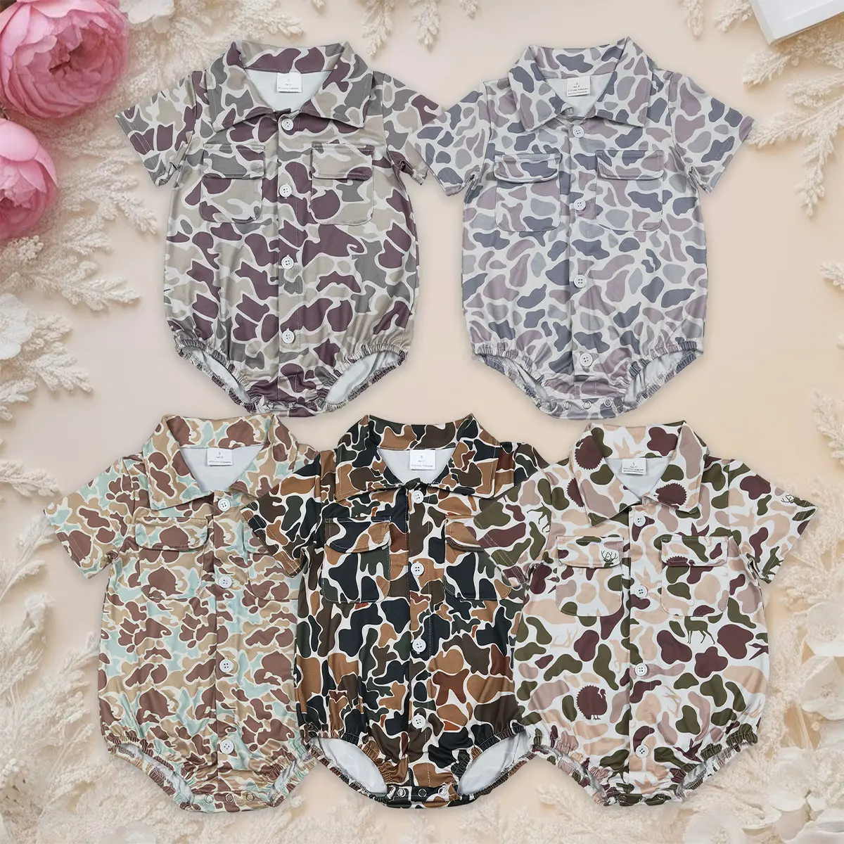 Baby Boys' Camo Romper, Soft Cotton Short-Sleeve Hunting Bodysuit with Button Pockets, Southern Outdoor Outfit for Infants & Toddlers, Camo Design