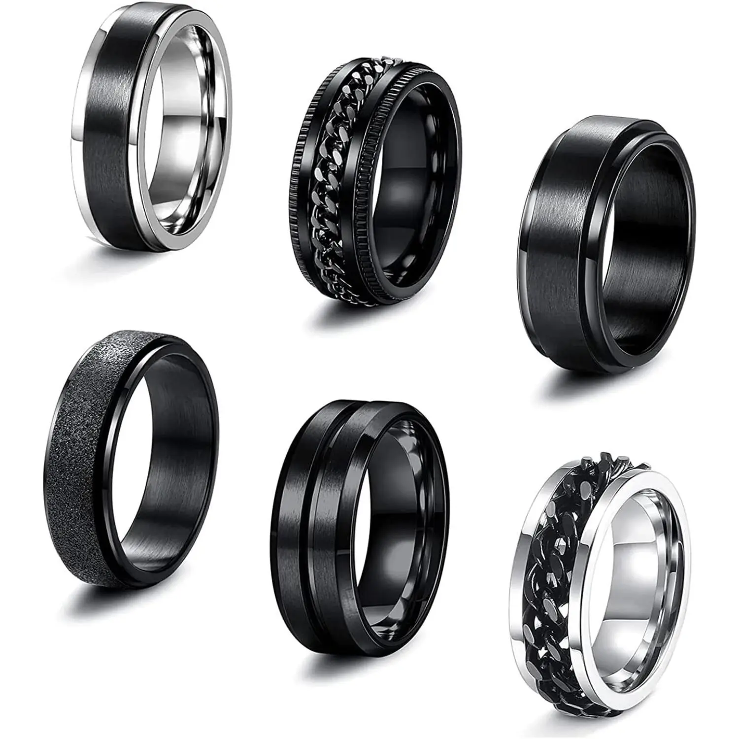 YADOCA 6 Pcs 6/8 MM Black Spinner Rings for Men Women Stainless Steel Fidget Ring Anxiety Stress Relieving Cool Chain Fashion Ring Set Wedding Promise Band Rings Size 7-13
