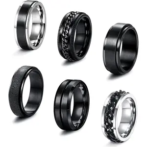 YADOCA 6 Pcs 6/8 MM Black Spinner Rings for Men Women Stainless Steel Fidget Ring Anxiety Stress Relieving Cool Chain Fashion Ring Set Wedding Promise Band Rings Size 7-13