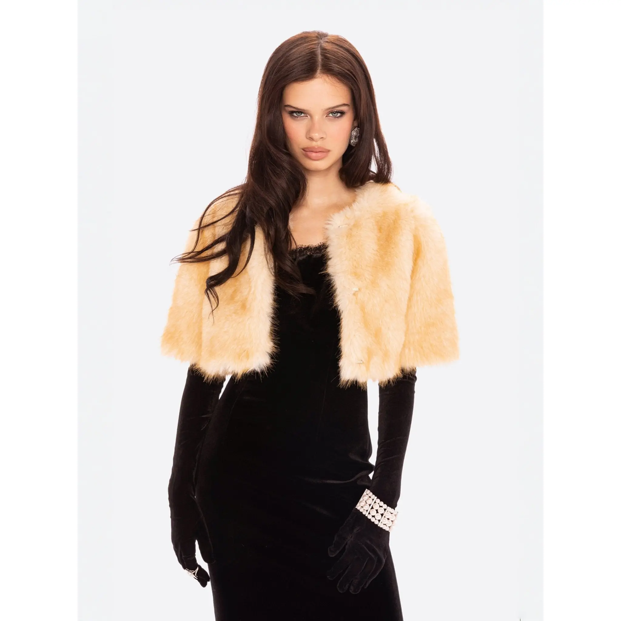 Thalia Cropped Faux Fur Jacket (Yellow)