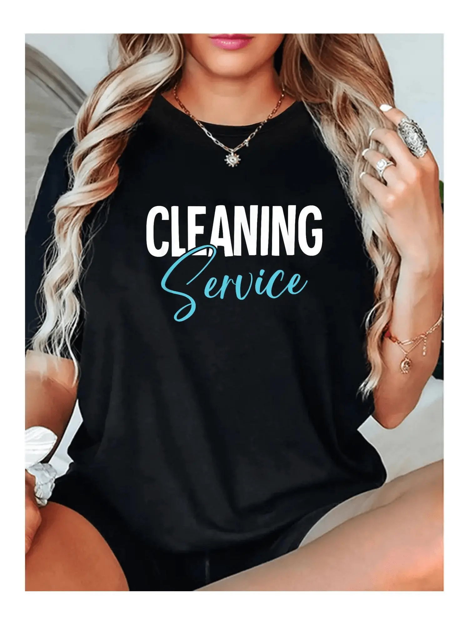 Cleaning Service Alphabet Graphic T-Shirt - Housekeeping Apparel Suitable for All Seasons Loose Fit Crew Neck Short Sleeve Tee Machine Washable Solid Color Black Shirt for Uniforms & Casual Wear (All-Match Design)