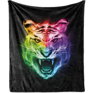 Tiger Throw Blanket, Multicolored Abstract Display Large Feline Blazing Spectrum Rainbow Color, Flannel Accent Piece Soft Couch Cover for Adults, Multicolor, 280g fabric weight single-sided printing,Provides comfortable temperature