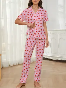Women's Sleepwear Set, Strawberry Fruit Print, Elegant Casual, Comfortable Lapel Short Sleeve Top & Wide Leg Pants, All Seasons, Pajama Set