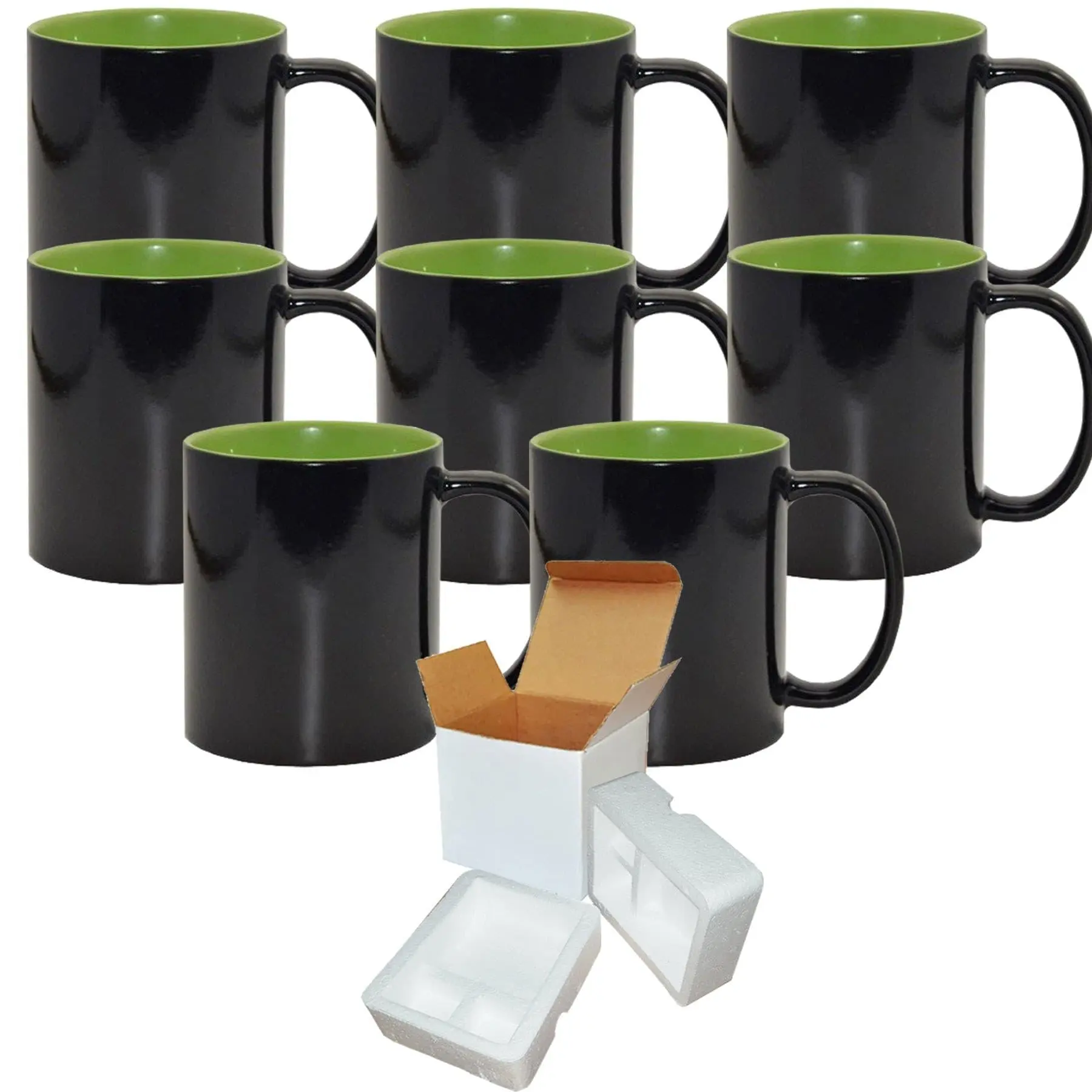 Color Changing Mug Set - 8 Pack (11oz) | Green Interior | Sublimation Heat Sensitive Mugs | Individually Packaged | Foam Support Boxes