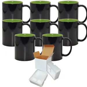 Color Changing Mug Set - 8 Pack (11oz) | Green Interior | Sublimation Heat Sensitive Mugs | Individually Packaged | Foam Support Boxes
