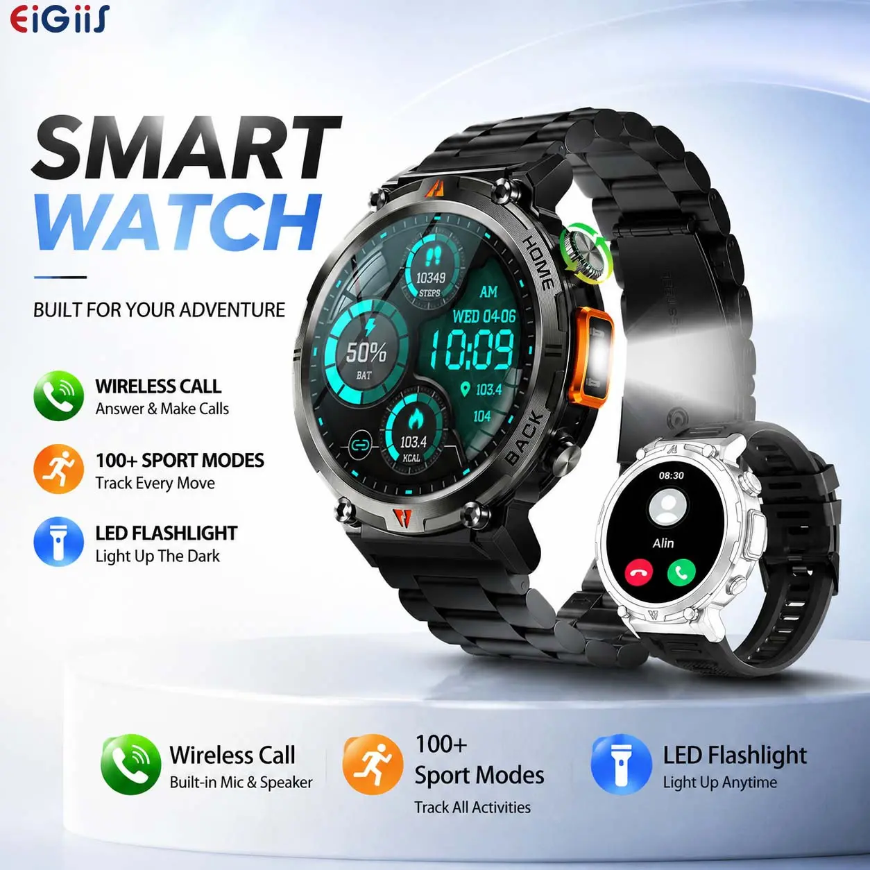 EIGIIS KE3 Rugged Wearable Smartwatch for Men - Electronic Gadgets with Call Receive/Dial, LED Flashlight, 3ATM Waterproof, 100+ Sports Modes, Pedometer, Durability, Motion Tracker Smart Watches, Camera Remote Ctrl (Swimming & Gift Compatible)