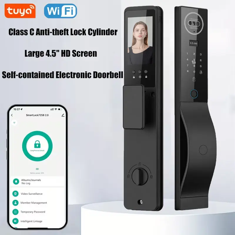 Fully Automatic Smart Door Lock with 8 Unlocking Methods (Fingerprint/Key//Alarm/Backup), 22-Language Voice Support, Modern Lock Compatible with Door Frames, Home Security System Entry Door Locks