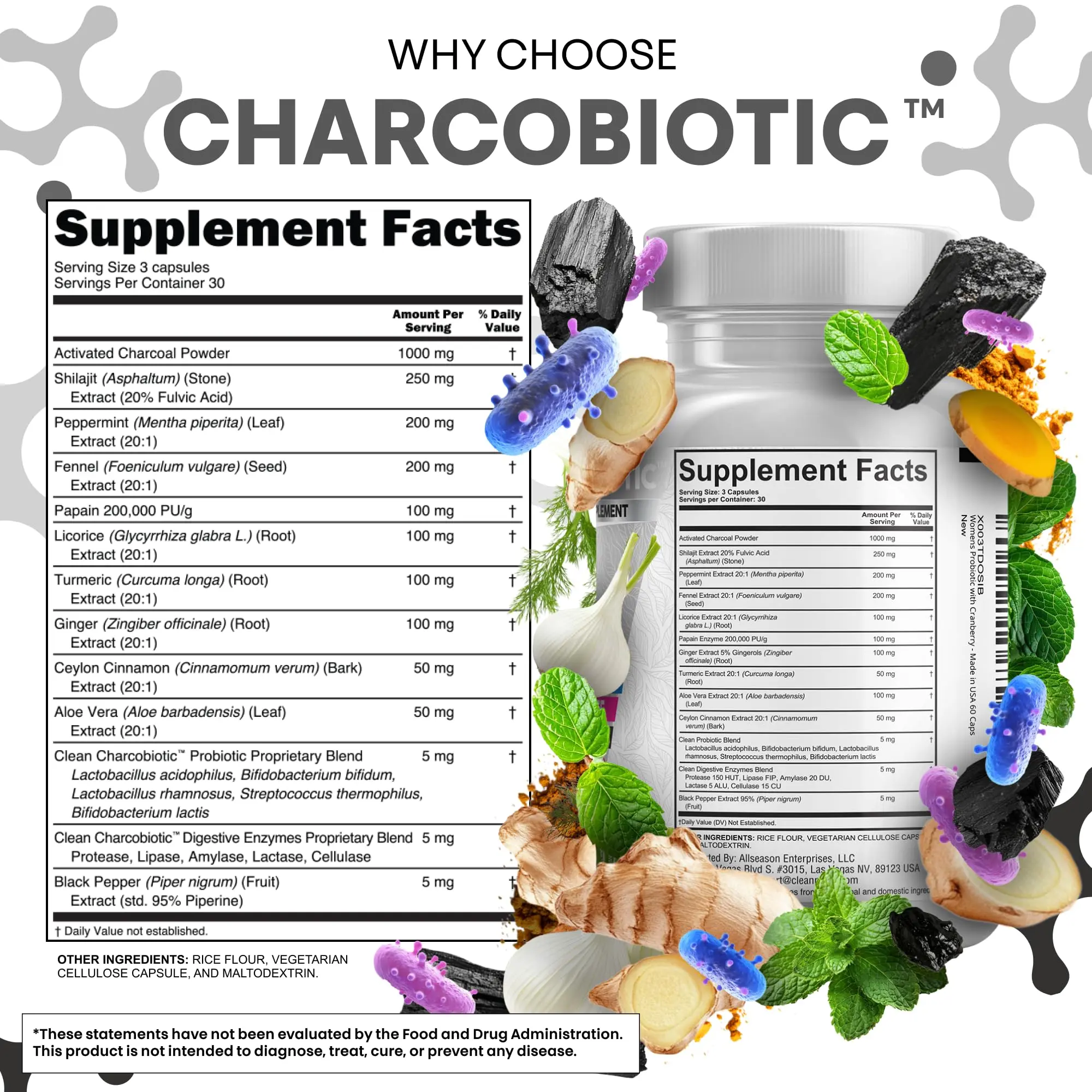 Clean Nutra Activated Charcoal Probiotics & Digestive Enzymes with