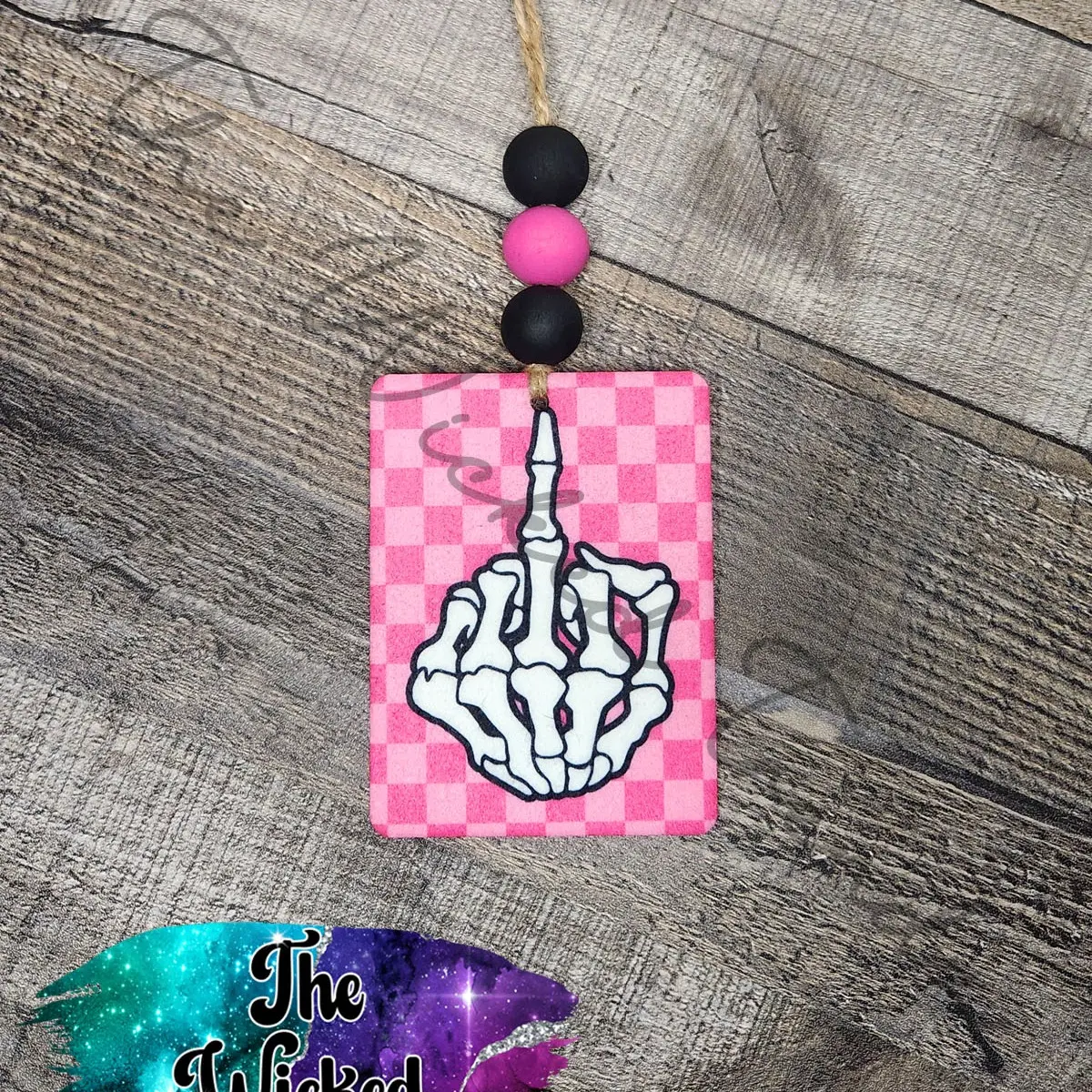 Hot Pink Checkered Print Retro Skeleton Hand Middle Finger Car Hanging Scented Car Air Freshener Freshie Cute Car Truck Accessories Decor Car Charm Girl Car