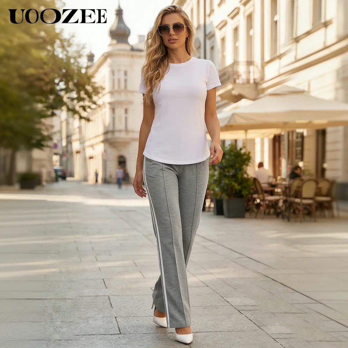 UOOZEE Women's Chic High-Waist Straight Leg Striped Pants - Stretchy Knit, Elastic Waist with Pockets for Smart Casual Office, Pairs with Blouse, Bottom, Fabric, Leg Pants, Smooth, Polyester, Spandex, Camisole, Blazer, Everyday, Effortless Pants
