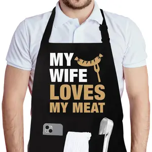 Funny Aprons for Men, My Wife Loves My Meat Apron, Fathers Day Apron Gifts From Wife, Birthday Gifts for Husband, Novelty Kitchen Cooking Aprons with 2 Pockets, Mens BBQ Grilling Apron Gifts