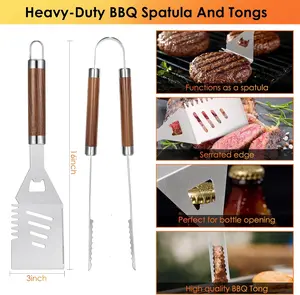 34Pcs Memorial Day BBQ Grill Accessories Set – Heavy Duty Stainless Steel Grilling Tools for Outdoor Camping – Professional Barbecue Utensils Kit with Mats & Glove in Deluxe Carrying Bag – Perfect Grilling Gifts for Men, Dad – Brown