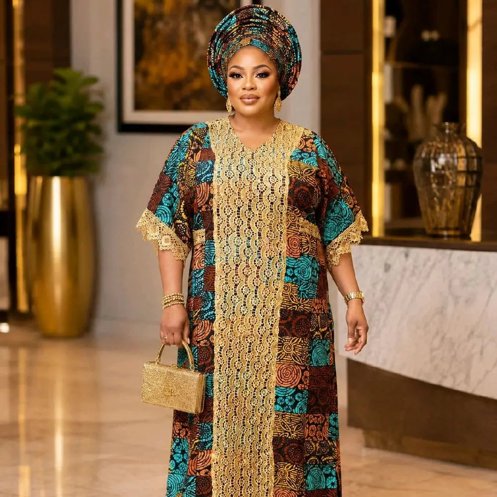 Luxury Ankara & Cord Lace Boubou Dress - Free Size African Kaftan with Adjustable Inner Belt, Matching Scarf for Gele, Nigerian Owambe Outfit