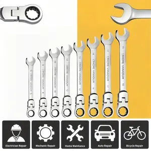 8PCS Flexible Ratchet Combination Wrench Set, 6/8/10/12/13/14/17/19mm 180° Swivel Head Spanner Kit, CR-V Steel Hand Tools for Auto Bicycle Electrician Household Mechanical Repair