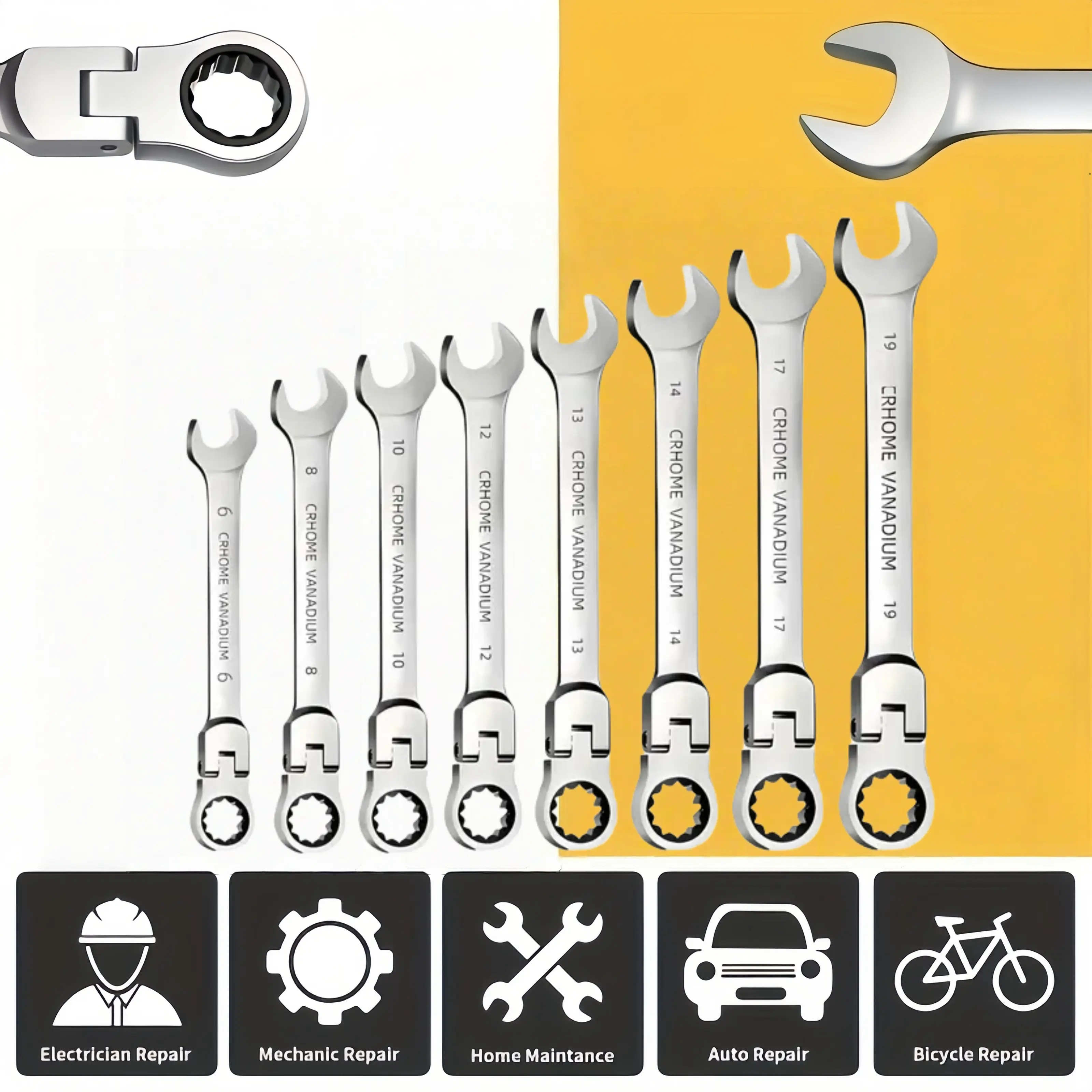 8PCS Flexible Ratchet Combination Wrench Set, 6/8/10/12/13/14/17/19mm 180° Swivel Head Spanner Kit, CR-V Steel Hand Tools for Auto Bicycle Electrician Household Mechanical Repair Multi-Purpose