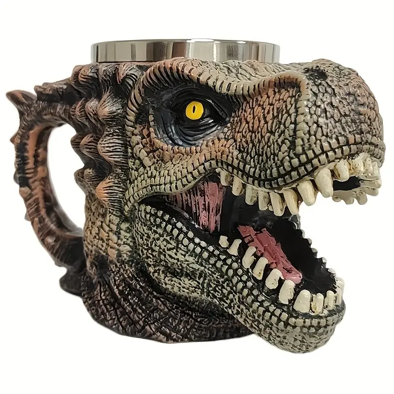 Vintage Resin and Stainless Steel Dinosaur Head Mug, Retro Dragon Bone Coffee Mug, Gothic Style Reusable Drink Container, Cup, Perfect for Fantasy Lovers, Unique Coffee Mugs, Drinkware