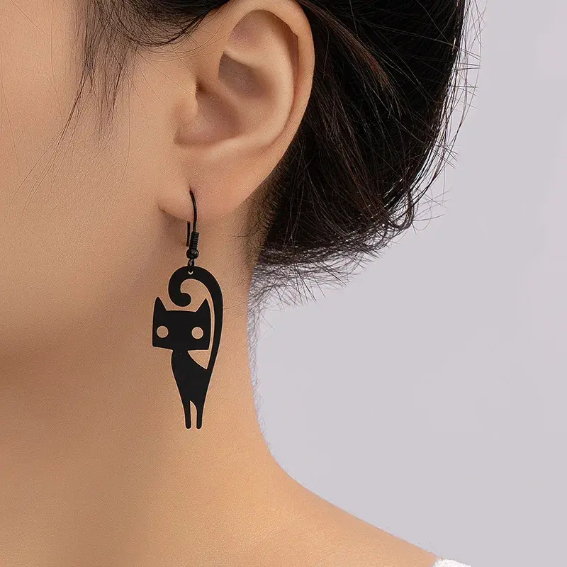 Cat Lover Earrings – Black Hollow Cat Silhouette Hook Earrings with Curled Tail, Fashion Dangle Jewelry Black Cat Earrings – Hollow Openwork Cat Silhouette Dangle Earrings, Cute Hook Earrings for Cat Lovers