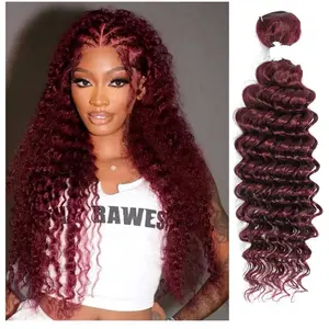 REMY HAIR FASHION Deep Wave Hair Weaves 99j Red Wine Color Deep Curly Unprocessed Virgin Human Hair Extensions Burgundy Deep Wave Hair 1 Bundles 30Inch