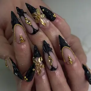 Luxury Baroque Gothic Press On Nails | 3D Black & Gold Nail Art | Luxury Baroque Nails | Dramatic Stiletto Press Ons