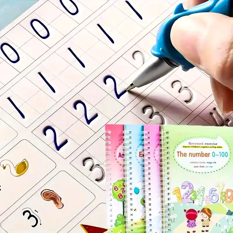 【FaddishDeal】Reusable Groove Pen Calligraphy Copybooks Set with Pen - Thick Paper, Magic Ink, Alphanumeric Tracking - School & Educational Learning Office Stationery Supplies