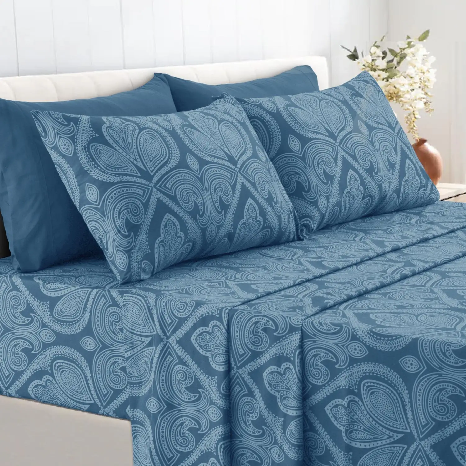 Lux Decor 4/6Pcs Microfiber Paisley Bed Sheet Set-King Bed Sheet-Hypoallergenic Printed Queen Sheets-16" Deep Pocket Bedding Set-Hotel Quality Sheet S