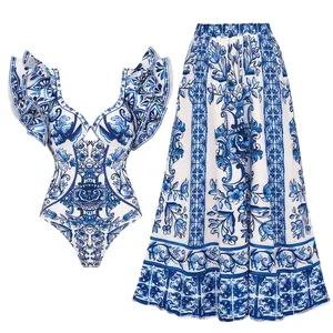 Women's Ruffle Blue Porcelain Print Swimsuit Set - THREE Piece/Bikini with Cover Up Skirt Sarong for Beach & Vacation