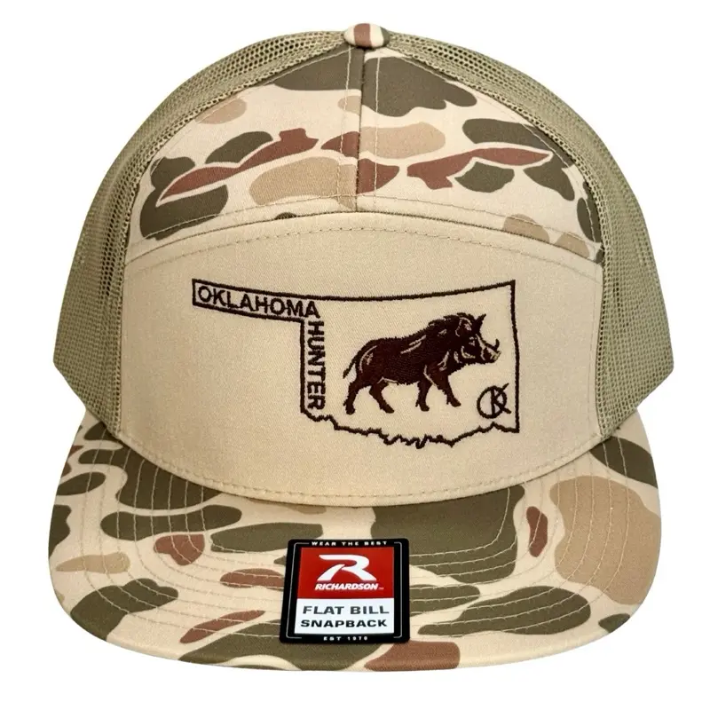 Oklahoma Hunter Richardson Seven Panel Snapback Model 168 Mesh Harvest Duck Camo/Sandstone Hat with Flat Bill and Hog State Logo in Brown Stitch.