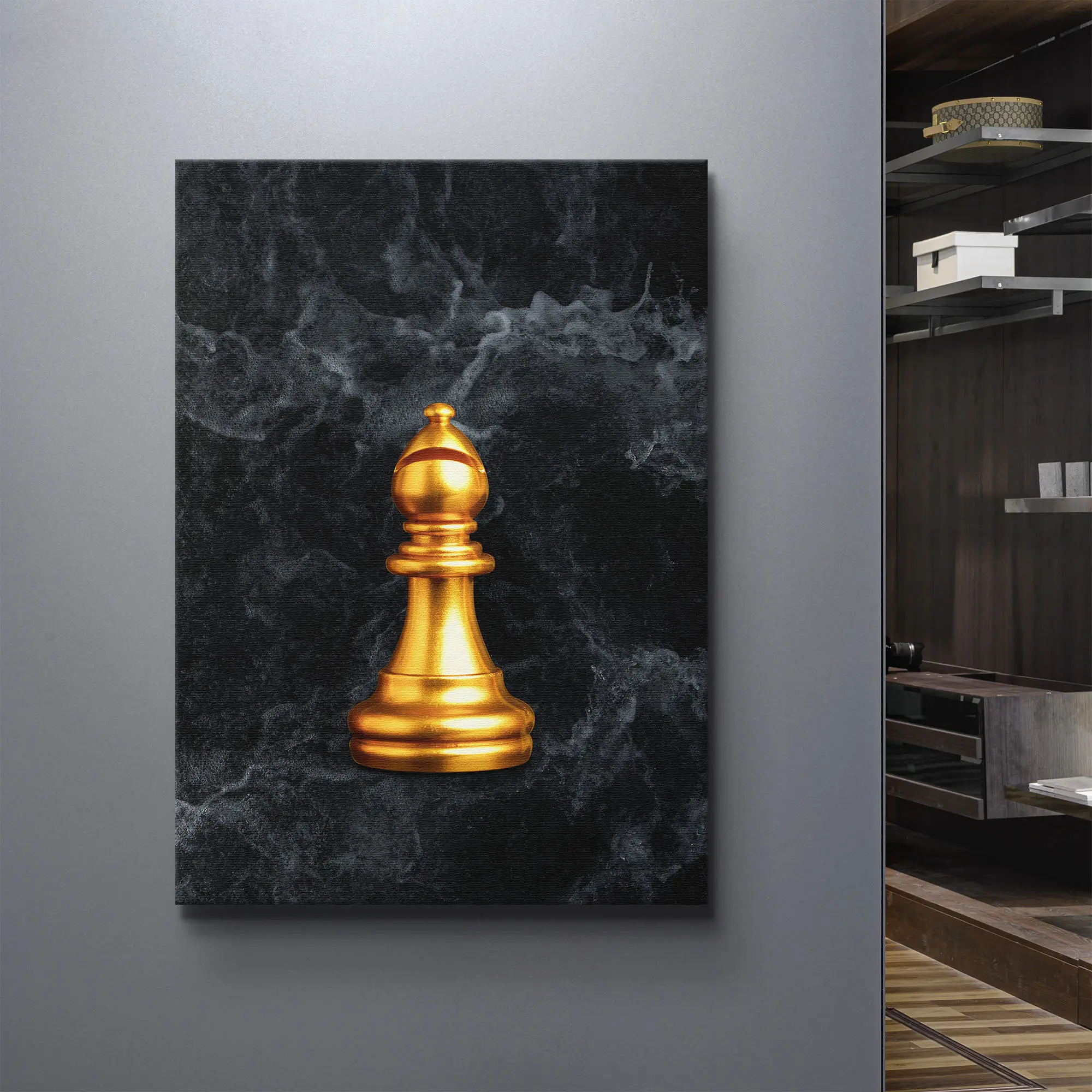 Chess Bishop Gold Piece Poster Wall Art, Golden Chess Bishop Playing Piece On Black Marble, Chess Lover Gifts, Bishop Print