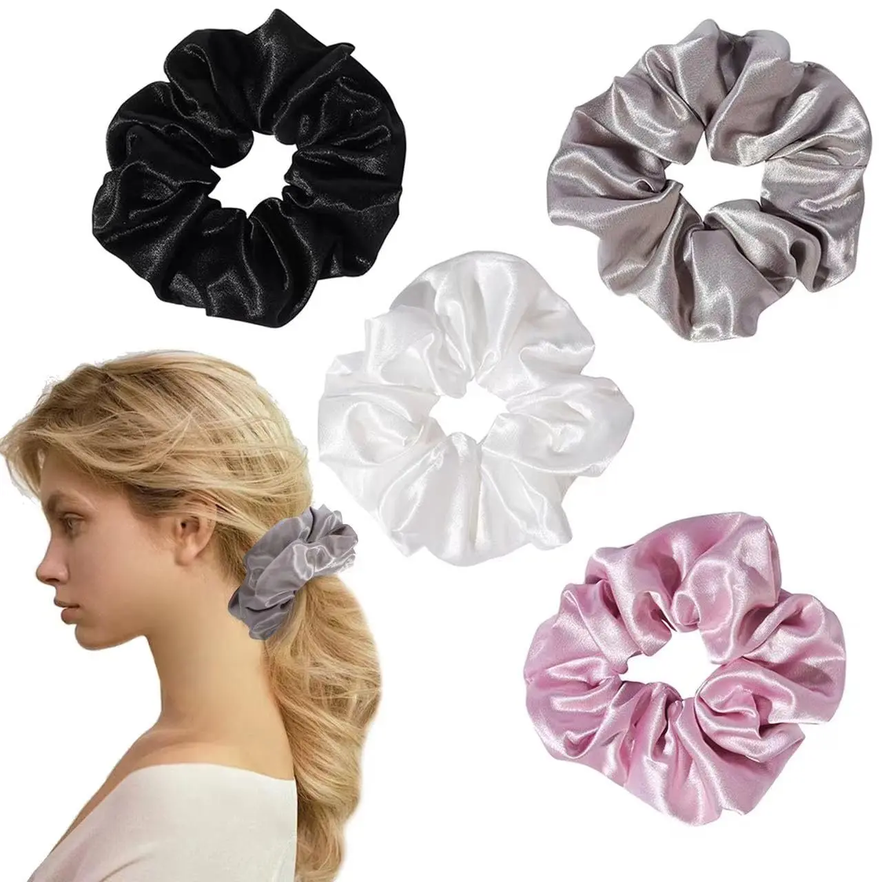 4pcs Big Satin Silk Scrunchies For Women Thick Hair  6.3inches Extra Large Scrunchy Oversized Elastic Ties Bands Ponytail Holders (black White Pink Silvergray)