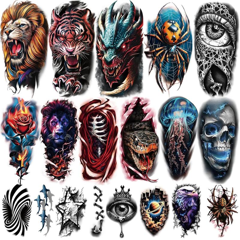 77 Sheets 3D Realistic Temporary Tattoos Adults Kids, Realistic Skull Tiger Wolf Lion Dragon Spider Snake Temporary Tattoos For Women Men, Half Arm 3D Halloween Temp Tattoos Look Real And Last Long